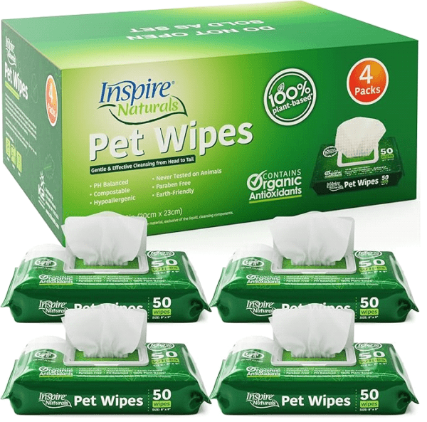 Inspire Naturals Pet Wipes for Dogs and Cats 100% Natural Plant Based with Organic Antioxidants