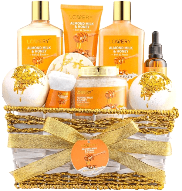 Gift Basket for Women - 10 Pc Almond Milk & Honey Beauty & Personal Care Set - Home Bath Pampering Package for Relaxing - Spa Self Care Kit