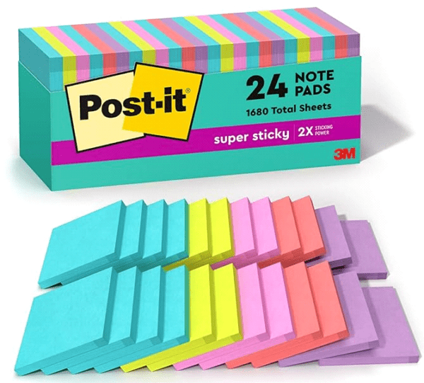 Super Sticky Notes, 24 Sticky Note Pads, 3 x 3 in., School Supplies, Office Products, Sticky Notes for Vertical Surfaces