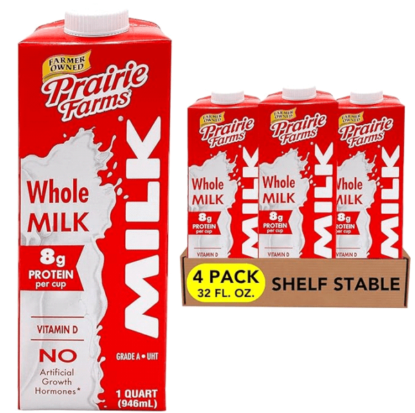 Whole Milk, Shelf Stable, Boxed & Ultra Pasteurized (UHT), Vitamin D White Milk - Preservative and Hormone Free, Gluten Free, Kosher, Made in USA - 1 Quart (4 Pack)