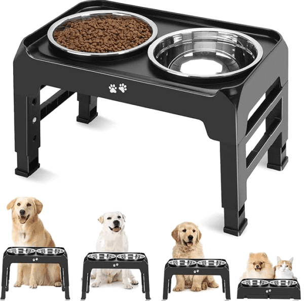 Elevated Dog Bowls, 4 Height Adjustable Raised Bowl Stand with 2 Thick 50oz Stainless Steel Food Feeder Bowls Non-Slip for Medium Large Dogs Adjusts